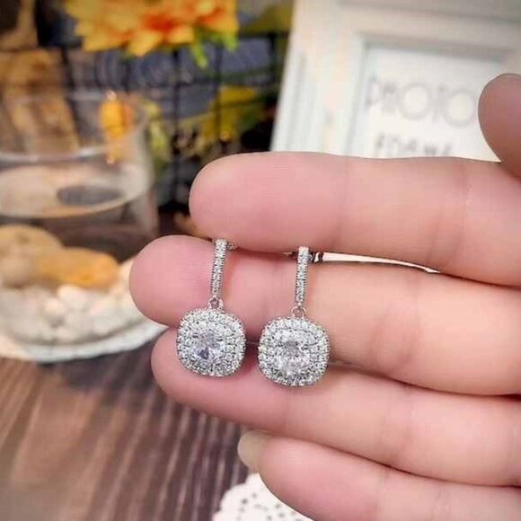 🔥 White CZ Geometric Shape Diamond Luxury Drop Earring for Women, HA4525 - Picture 6 of 6